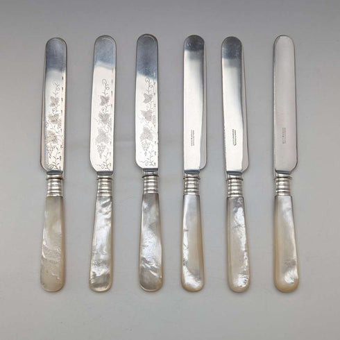 約 1890 年英國古董白色珍珠手柄甜點餐具 6 對含 Mappin 和 Webb 托盤