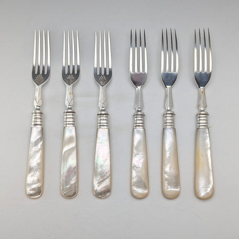 1890年頃 英国アンティーク 白蝶貝ハンドル デザートカトラリー6ペア Mappin&Webb トレー入