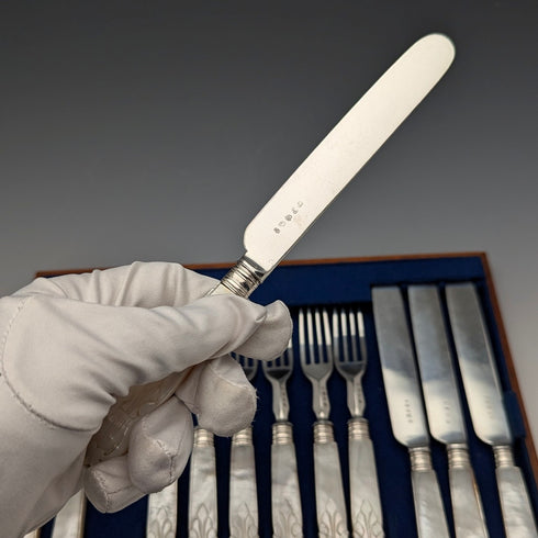 1860年頃 英国アンティーク 彫刻白蝶貝ハンドル デザートカトラリー6ペア TBNA トレー入