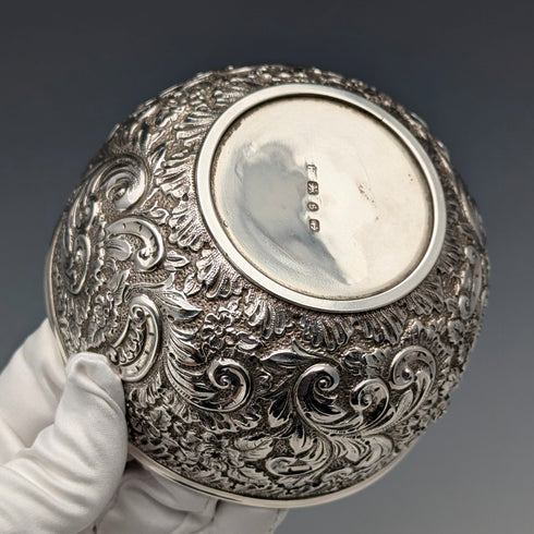 1892 British antique sterling silver relief bowl, 113g, Hayes Brothers