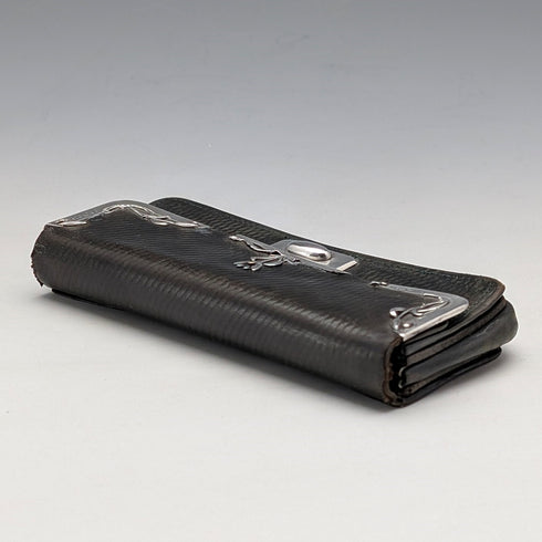 Circa 1905 German antique sterling silver decorated small leather wallet, green leather coin purse SD