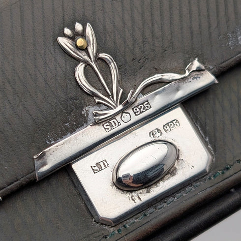 Circa 1905 German antique sterling silver decorated small leather wallet, green leather coin purse SD