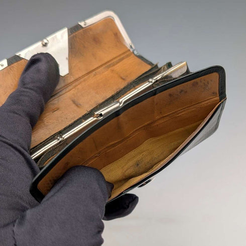 Circa 1905 German antique sterling silver decorated small leather wallet, green leather coin purse SD