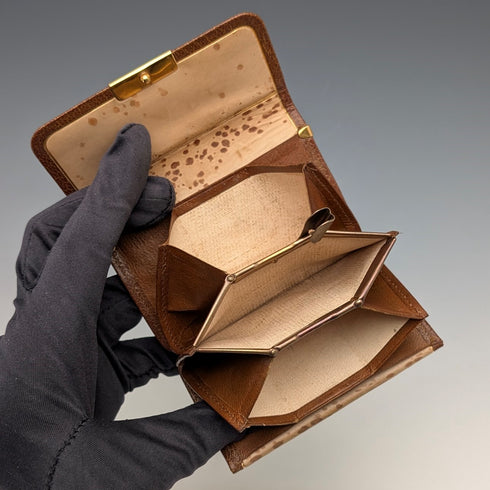 英国ヴィンテージグリーンレザー 小型革財布 小銭入れ 金メッキ装飾