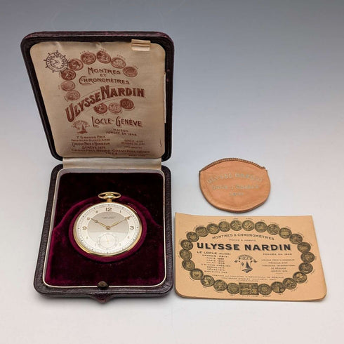 Circa 1940 Vintage Ulysse Nardin Pocket Watch 18K Gold Case In good working order Comes with case and warranty