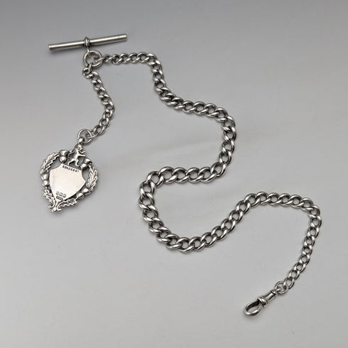 1910年頃 英国アンティーク 純銀製アルバートチェーン 52g 純銀エンブレムフォブ