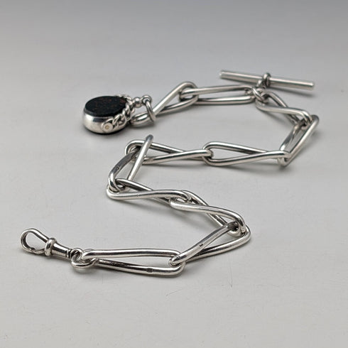 1900年頃 英国アンティーク 純銀製アルバートチェーン 51g 2色天然石回転フォブ