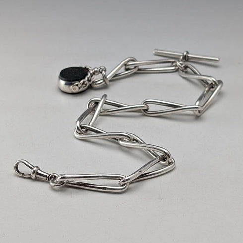 Circa 1900 British antique sterling silver Albert chain, 51g, two-tone natural stone swivel fob