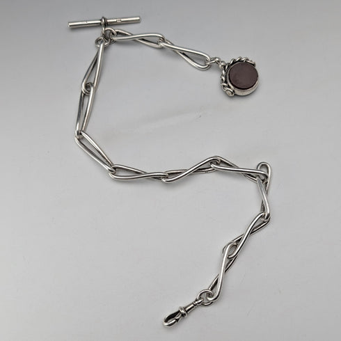 1900年頃 英国アンティーク 純銀製アルバートチェーン 51g 2色天然石回転フォブ