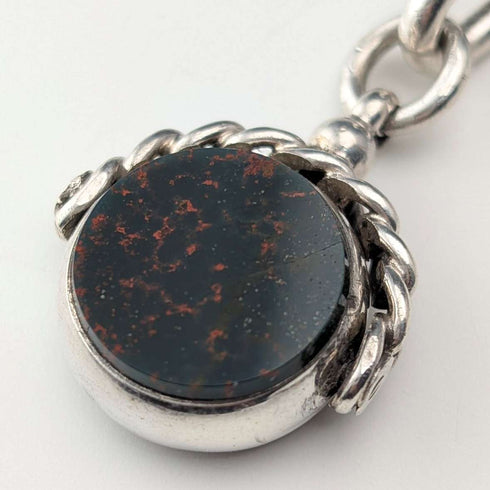 Circa 1900 British antique sterling silver Albert chain, 51g, two-tone natural stone swivel fob