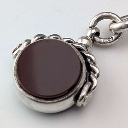 Circa 1900 British antique sterling silver Albert chain, 51g, two-tone natural stone swivel fob