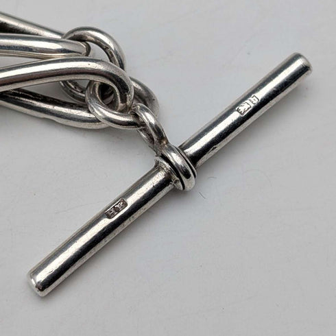 Circa 1900 British antique sterling silver Albert chain, 51g, two-tone natural stone swivel fob