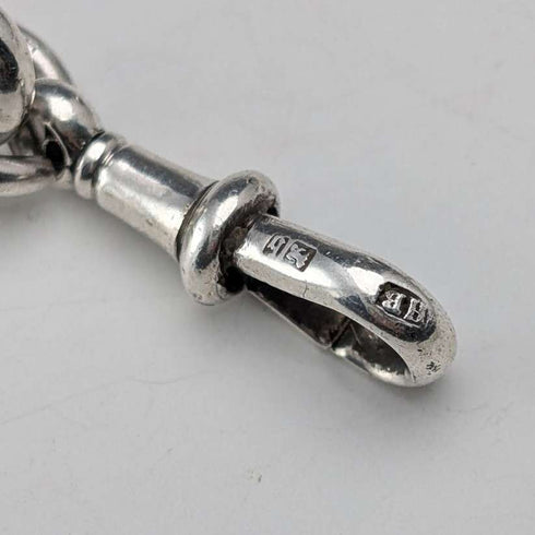 Circa 1900 British antique sterling silver Albert chain, 51g, two-tone natural stone swivel fob