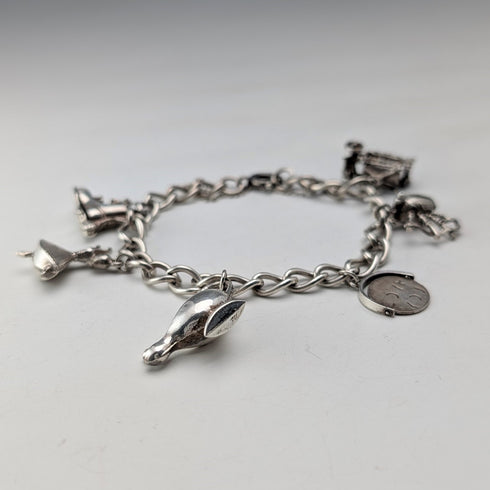 1970年代 英国ヴィンテージ 純銀製 チャームブレスレット 26g