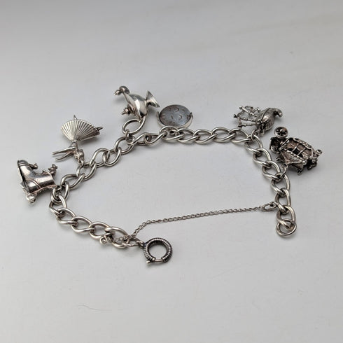 1970年代 英国ヴィンテージ 純銀製 チャームブレスレット 26g