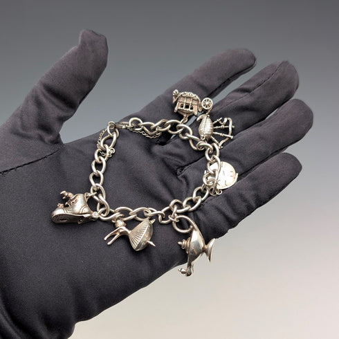 1970年代 英国ヴィンテージ 純銀製 チャームブレスレット 26g