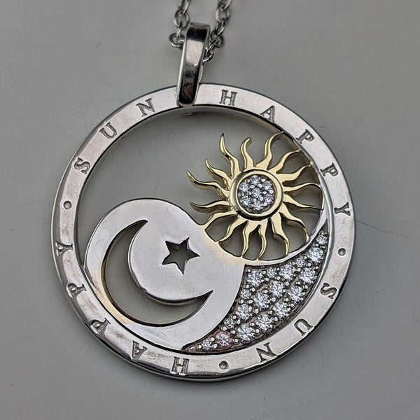 Vintage sterling silver pendant with moon and sun design, 13.5g, with necklace