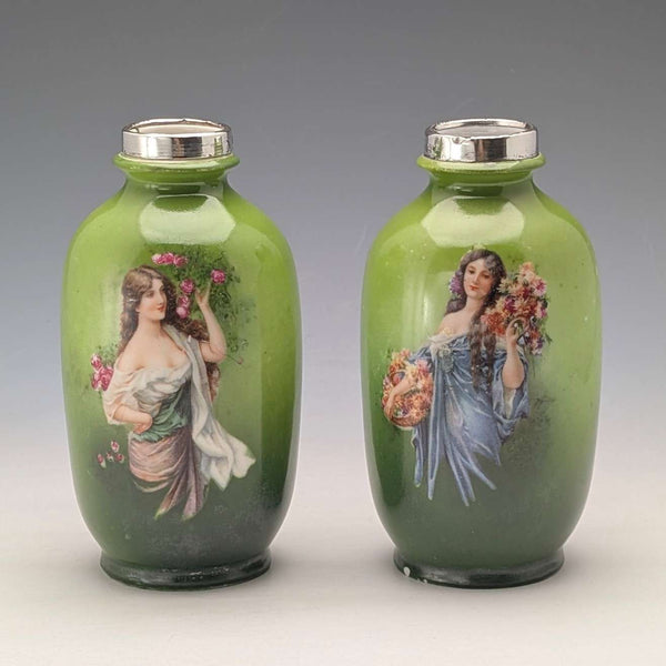 1910 年英國古董陶器女人畫花瓶一對純銀裝飾
