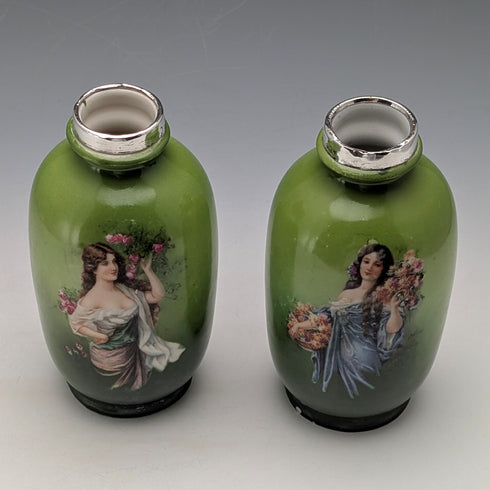 1910 British antique ceramic woman painted flower vase pair with pure silver decoration