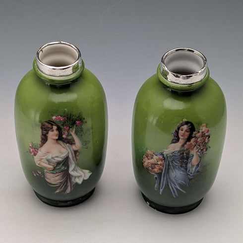 1910 年英國古董陶器女人畫花瓶一對純銀裝飾