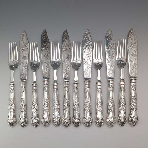 Cubertería para pescado de 6 pares, plata de ley con mangos de plata, Harrison Fisher, antigüedad británica de 1909