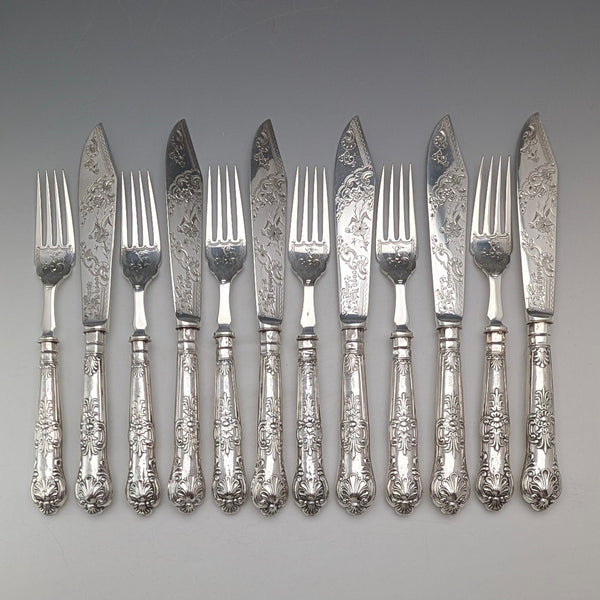 1909 British Antique Sterling Silver Handle Fish Cutlery 6 Pair Harrison Fisher