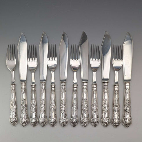 Cubertería para pescado de 6 pares, plata de ley con mangos de plata, Harrison Fisher, antigüedad británica de 1909