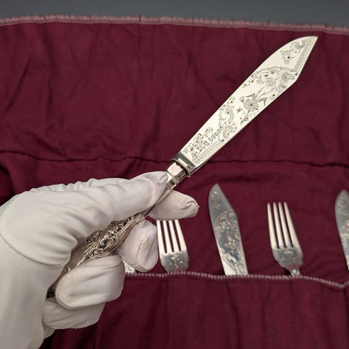 Cubertería para pescado de 6 pares, plata de ley con mangos de plata, Harrison Fisher, antigüedad británica de 1909