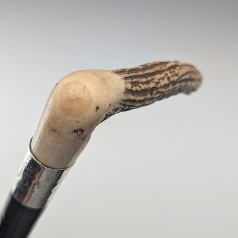 1914年 英国アンティーク ブラックシャフト L字アントラーハンドル 純銀装飾 ステッキ 杖 88cm