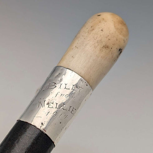 1914 年英國古董黑軸 L 形鹿角手柄純銀裝飾手杖 手杖 88 厘米