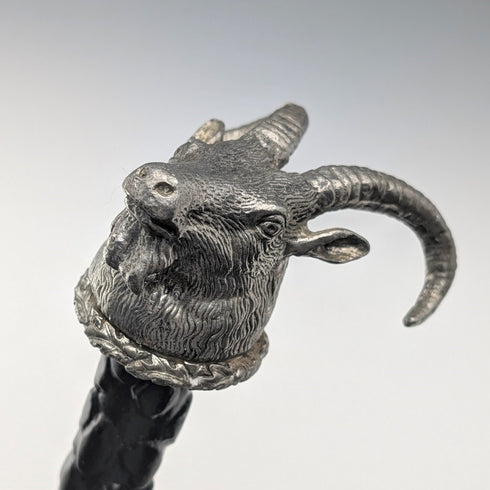 英国ヴィンテージ ブラックシャフト ピュータ製ゴートヘッドハンドル ステッキ 杖 85cm