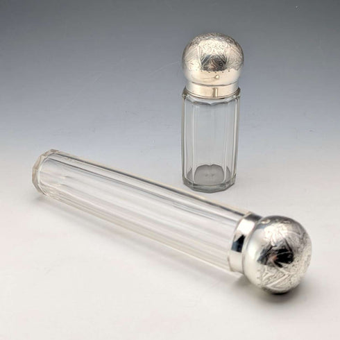 1888 British antique silver lid glass bottle pair, Army & Navy Cooperative