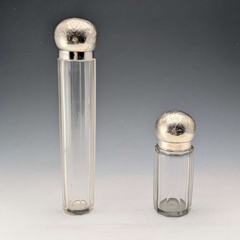 1888 British antique silver lid glass bottle pair, Army & Navy Cooperative