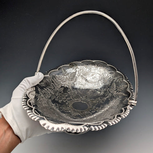 1900 British antique silver plate basket with movable handle by Roberts & Belk