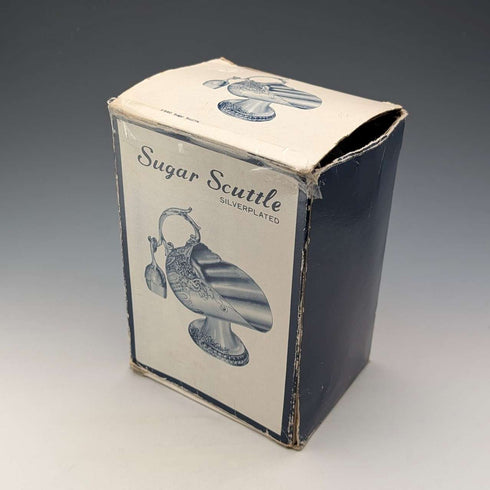 Vintage silver plate sugar bowl with charcoal crate design, boxed