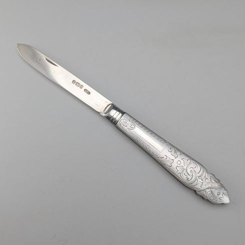 1903年 英国アンティーク 白蝶貝ハンドル 純銀ブレード ペンナイフ Fattorini&Sons