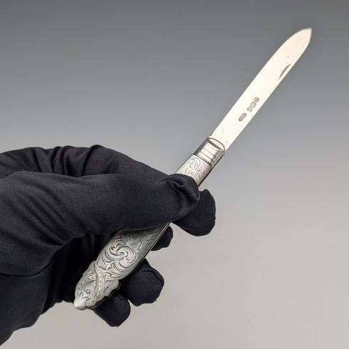 1903 British antique white mother-of-pearl handle, pure silver blade penknife, Fattorini & Sons