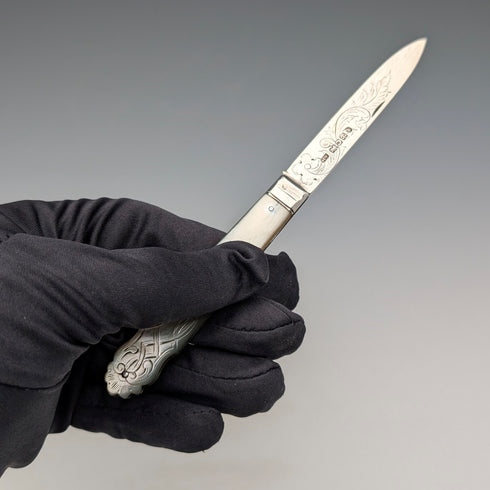 1846年 英国アンティーク 白蝶貝ハンドル 純銀彫刻ブレード ペンナイフ Aaron Hadfield