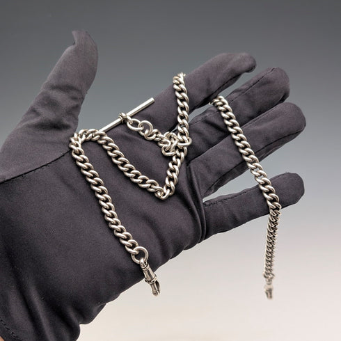 1914年頃 英国アンティーク 純銀製ダブルアルバートチェーン 53g フォブなし