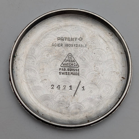 1945年 歐米茄 2421/1 男士用 自動上鍊腕錶 Cal28.10RA 黑色錶盤 35mm不鏽鋼錶殼 運作良好