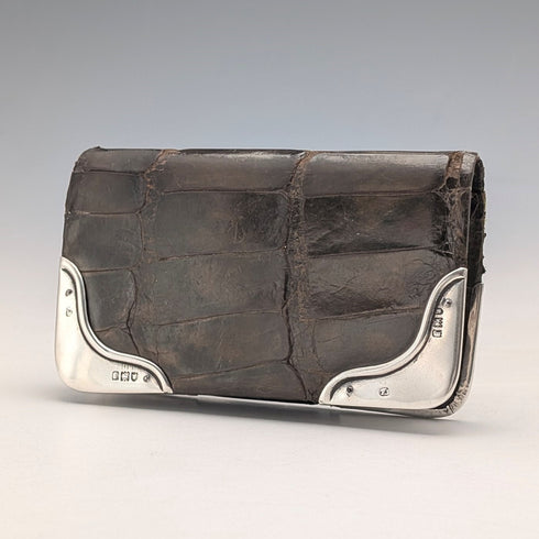 1903年 英国アンティーク 純銀装飾 小型革財布 小銭入れ