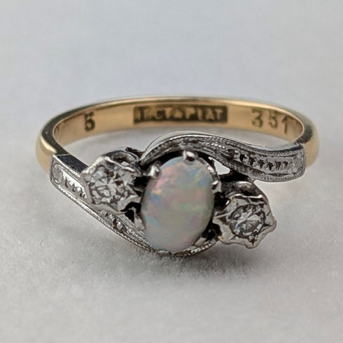 古董 K18 金戒指蛋白石和鑽石(8 號)戒指