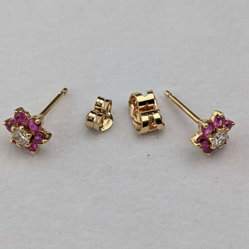 アンティーク K18ゴールドピアス ダイヤモンド&ルビー フラワー