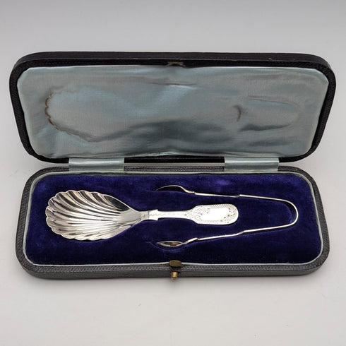 1905 British antique sterling silver tea caddy spoon and tongs, James Deakin & Sons, in case