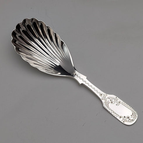 1905 British antique sterling silver tea caddy spoon and tongs, James Deakin & Sons, in case