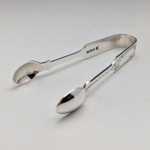 1905 British antique sterling silver tea caddy spoon and tongs, James Deakin & Sons, in case