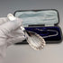 1905 British antique sterling silver tea caddy spoon and tongs, James Deakin & Sons, in case