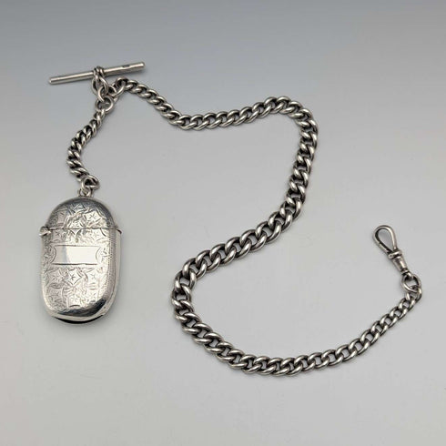 約 1900 年英國古董純銀 Albert 鏈 75 克,配有純銀 Vesta 錶殼