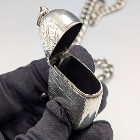 1900年頃 英国アンティーク 純銀製アルバートチェーン 75g 純銀製ヴェスタケース付