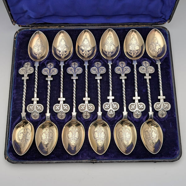 12 antique British silver plate dessert spoons from around 1850, Jehoiada Alsop Rhodes, in case